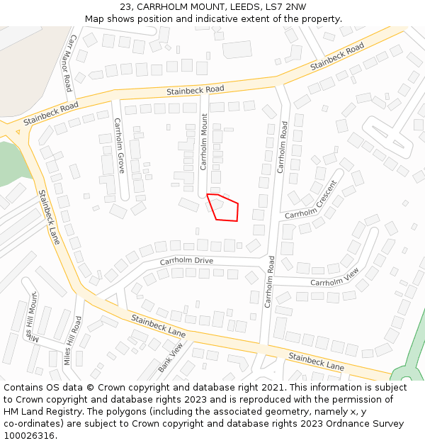 23, CARRHOLM MOUNT, LEEDS, LS7 2NW: Location map and indicative extent of plot