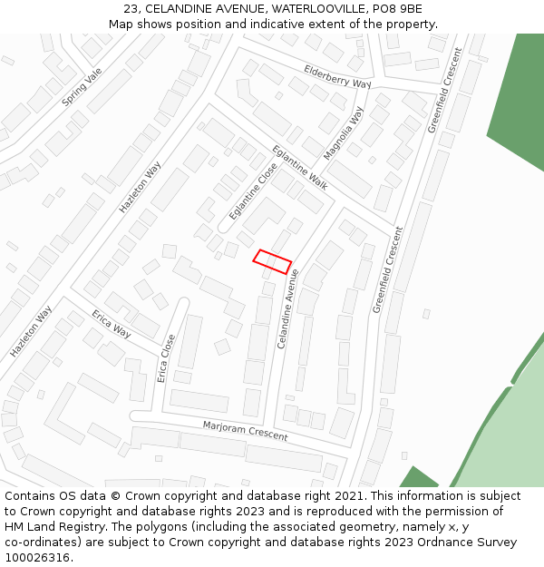 23, CELANDINE AVENUE, WATERLOOVILLE, PO8 9BE: Location map and indicative extent of plot