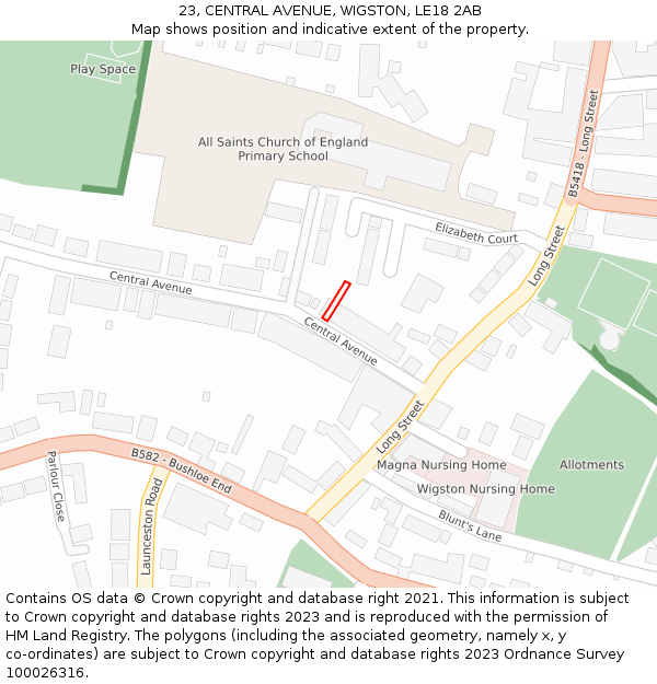 23, CENTRAL AVENUE, WIGSTON, LE18 2AB: Location map and indicative extent of plot