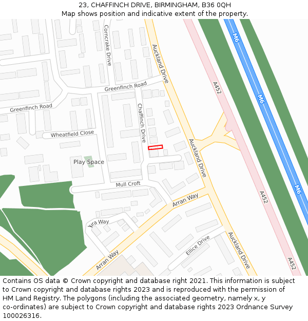 23, CHAFFINCH DRIVE, BIRMINGHAM, B36 0QH: Location map and indicative extent of plot