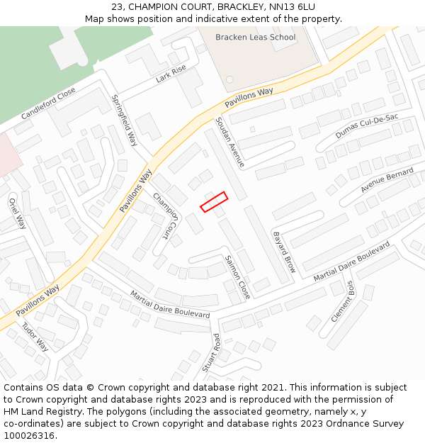 23, CHAMPION COURT, BRACKLEY, NN13 6LU: Location map and indicative extent of plot