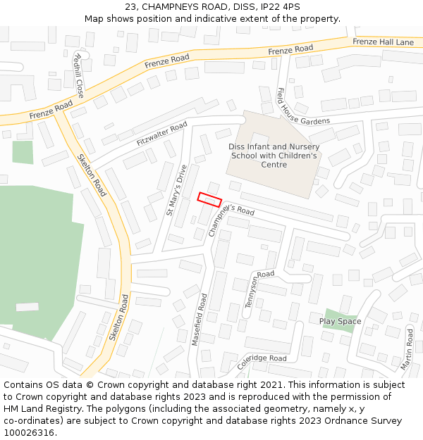 23, CHAMPNEYS ROAD, DISS, IP22 4PS: Location map and indicative extent of plot