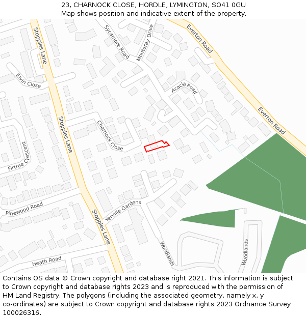 23, CHARNOCK CLOSE, HORDLE, LYMINGTON, SO41 0GU: Location map and indicative extent of plot