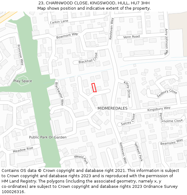 23, CHARNWOOD CLOSE, KINGSWOOD, HULL, HU7 3HH: Location map and indicative extent of plot