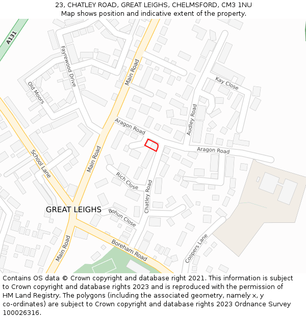 23, CHATLEY ROAD, GREAT LEIGHS, CHELMSFORD, CM3 1NU: Location map and indicative extent of plot