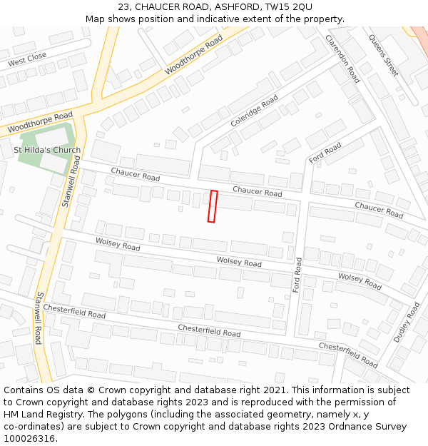 23, CHAUCER ROAD, ASHFORD, TW15 2QU: Location map and indicative extent of plot