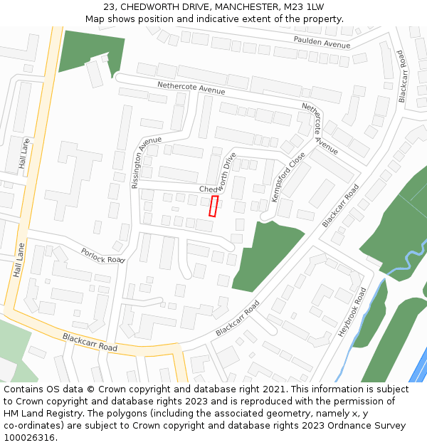 23, CHEDWORTH DRIVE, MANCHESTER, M23 1LW: Location map and indicative extent of plot