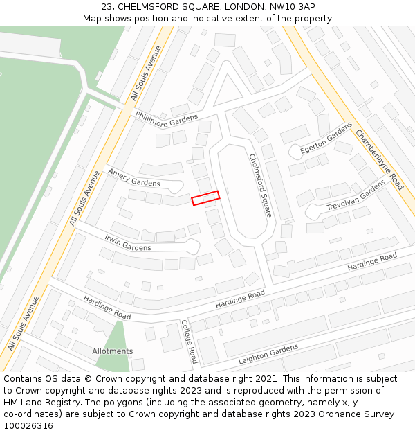 23, CHELMSFORD SQUARE, LONDON, NW10 3AP: Location map and indicative extent of plot