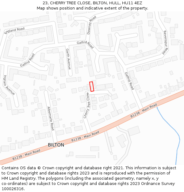 23, CHERRY TREE CLOSE, BILTON, HULL, HU11 4EZ: Location map and indicative extent of plot