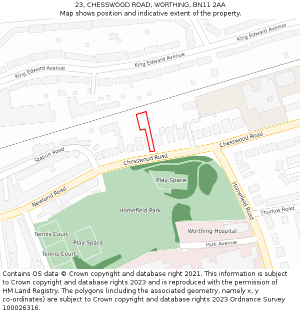 23, CHESSWOOD ROAD, WORTHING, BN11 2AA: Location map and indicative extent of plot