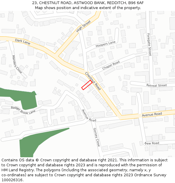 23, CHESTNUT ROAD, ASTWOOD BANK, REDDITCH, B96 6AF: Location map and indicative extent of plot