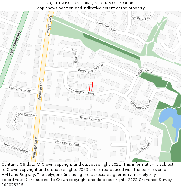 23, CHEVINGTON DRIVE, STOCKPORT, SK4 3RF: Location map and indicative extent of plot