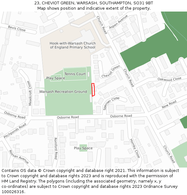23, CHEVIOT GREEN, WARSASH, SOUTHAMPTON, SO31 9BT: Location map and indicative extent of plot