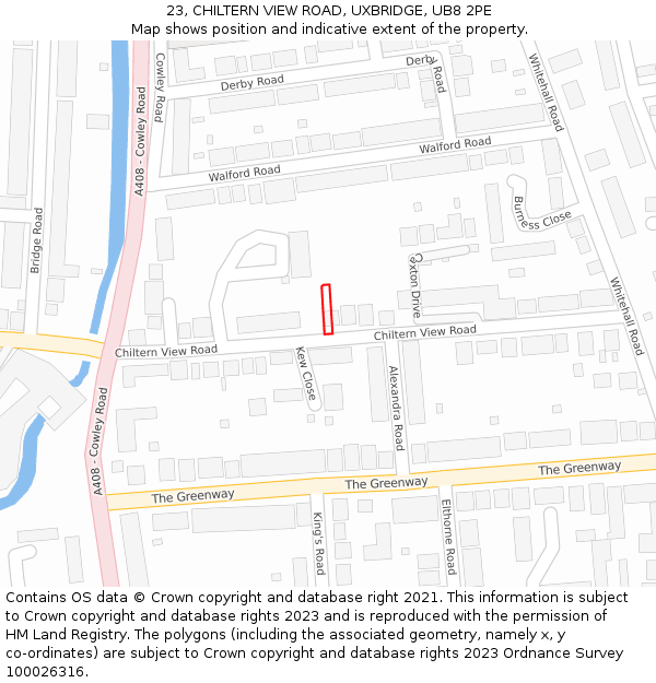 23, CHILTERN VIEW ROAD, UXBRIDGE, UB8 2PE: Location map and indicative extent of plot