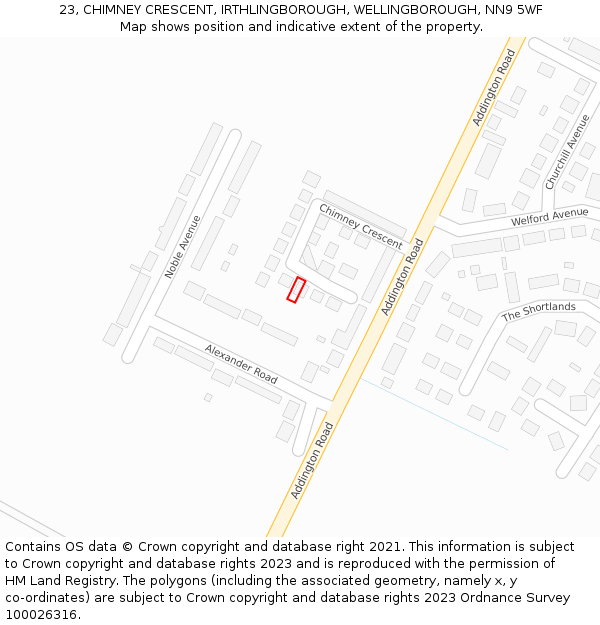 23, CHIMNEY CRESCENT, IRTHLINGBOROUGH, WELLINGBOROUGH, NN9 5WF: Location map and indicative extent of plot