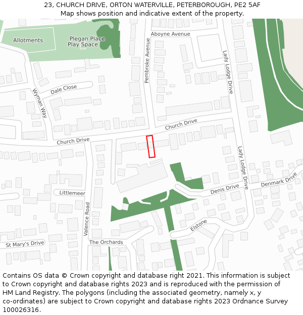 23, CHURCH DRIVE, ORTON WATERVILLE, PETERBOROUGH, PE2 5AF: Location map and indicative extent of plot