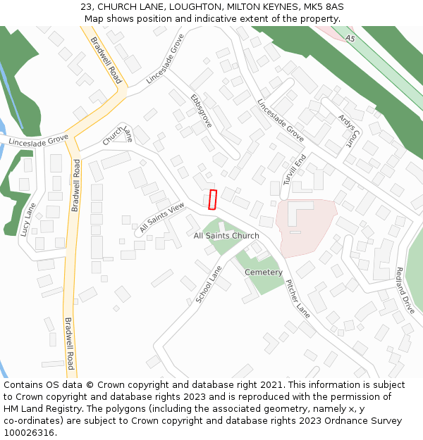 23, CHURCH LANE, LOUGHTON, MILTON KEYNES, MK5 8AS: Location map and indicative extent of plot