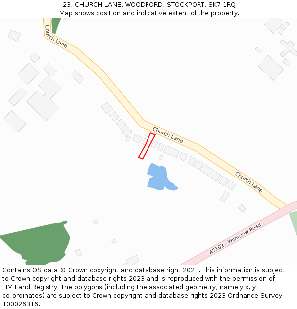 23, CHURCH LANE, WOODFORD, STOCKPORT, SK7 1RQ: Location map and indicative extent of plot