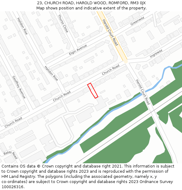 23, CHURCH ROAD, HAROLD WOOD, ROMFORD, RM3 0JX: Location map and indicative extent of plot