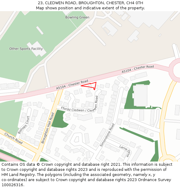 23, CLEDWEN ROAD, BROUGHTON, CHESTER, CH4 0TH: Location map and indicative extent of plot