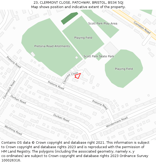 23, CLERMONT CLOSE, PATCHWAY, BRISTOL, BS34 5QJ: Location map and indicative extent of plot