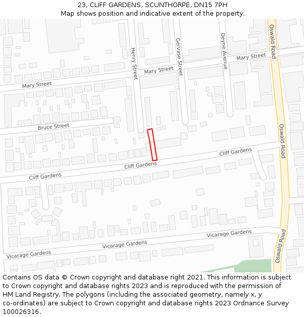 23, CLIFF GARDENS, SCUNTHORPE, DN15 7PH: Location map and indicative extent of plot