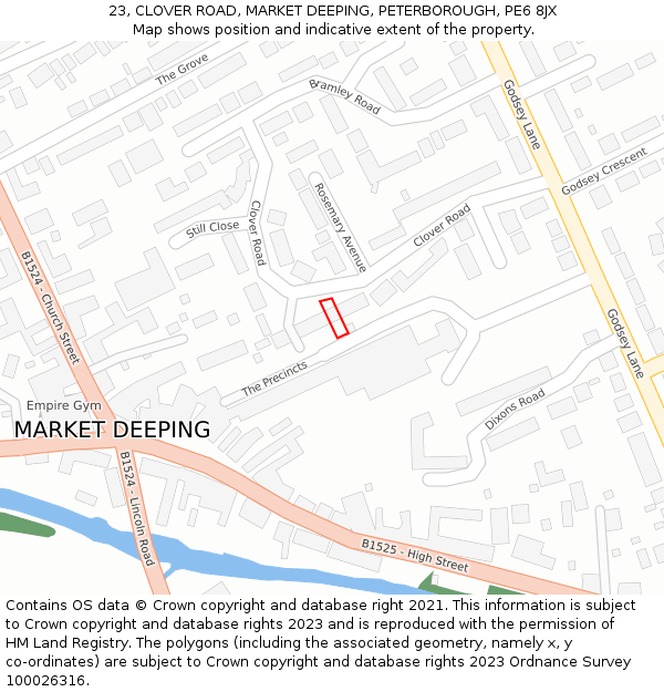 23, CLOVER ROAD, MARKET DEEPING, PETERBOROUGH, PE6 8JX: Location map and indicative extent of plot