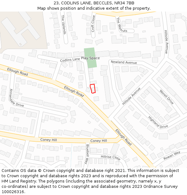 23, CODLINS LANE, BECCLES, NR34 7BB: Location map and indicative extent of plot