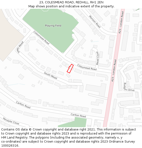 23, COLESMEAD ROAD, REDHILL, RH1 2EN: Location map and indicative extent of plot