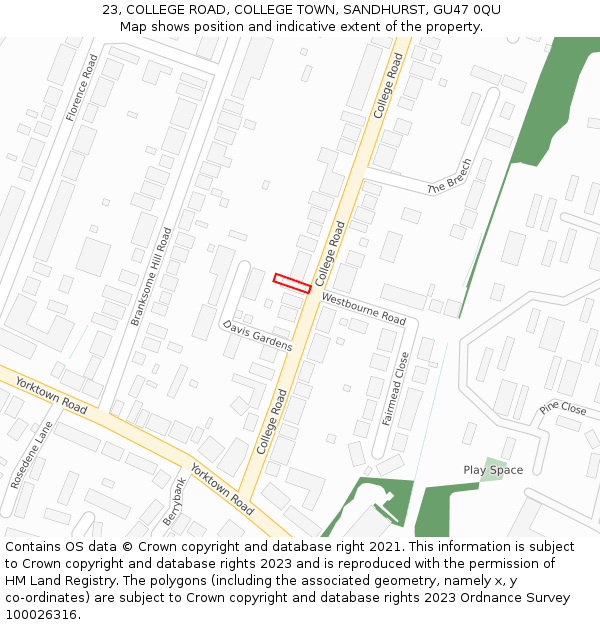 23, COLLEGE ROAD, COLLEGE TOWN, SANDHURST, GU47 0QU: Location map and indicative extent of plot