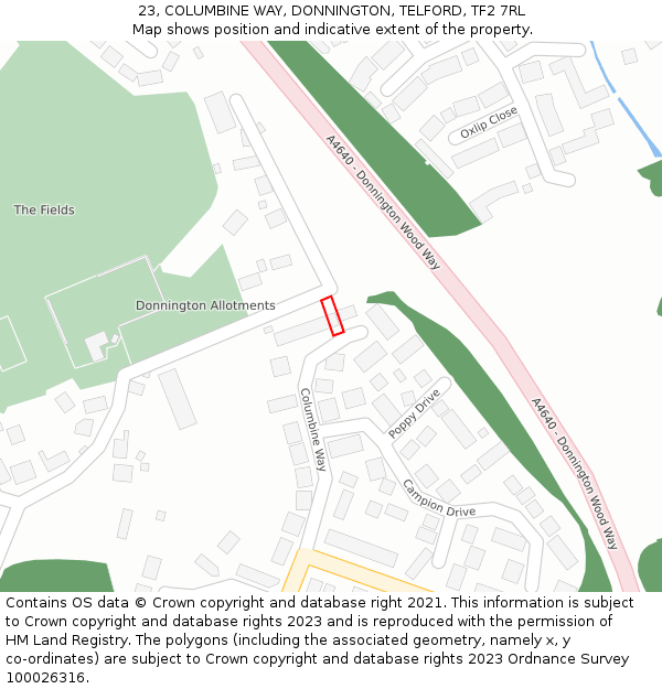 23, COLUMBINE WAY, DONNINGTON, TELFORD, TF2 7RL: Location map and indicative extent of plot