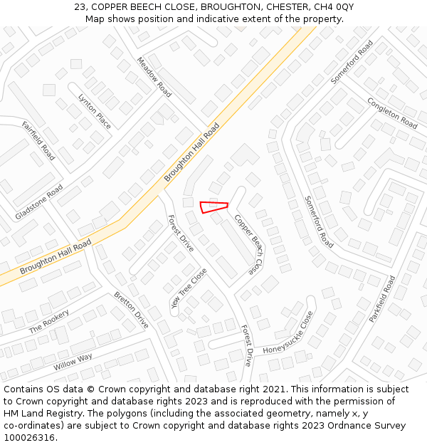 23, COPPER BEECH CLOSE, BROUGHTON, CHESTER, CH4 0QY: Location map and indicative extent of plot