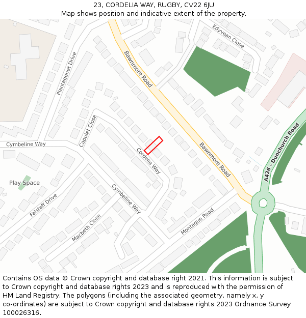 23, CORDELIA WAY, RUGBY, CV22 6JU: Location map and indicative extent of plot