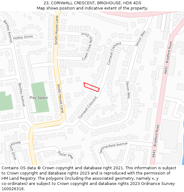 23, CORNWALL CRESCENT, BRIGHOUSE, HD6 4DS: Location map and indicative extent of plot