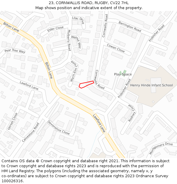 23, CORNWALLIS ROAD, RUGBY, CV22 7HL: Location map and indicative extent of plot