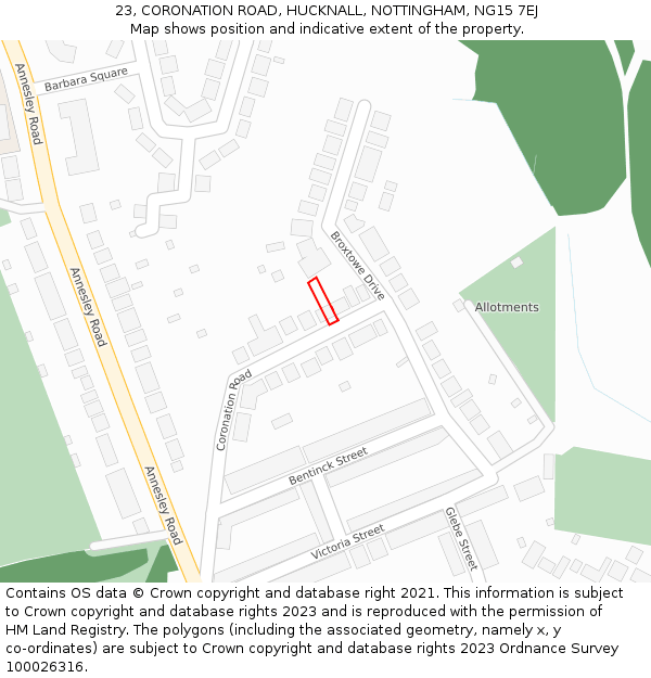 23, CORONATION ROAD, HUCKNALL, NOTTINGHAM, NG15 7EJ: Location map and indicative extent of plot