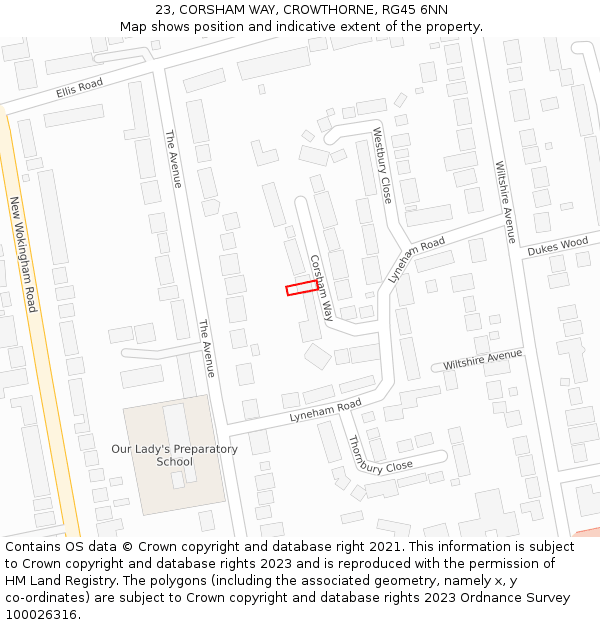 23, CORSHAM WAY, CROWTHORNE, RG45 6NN: Location map and indicative extent of plot