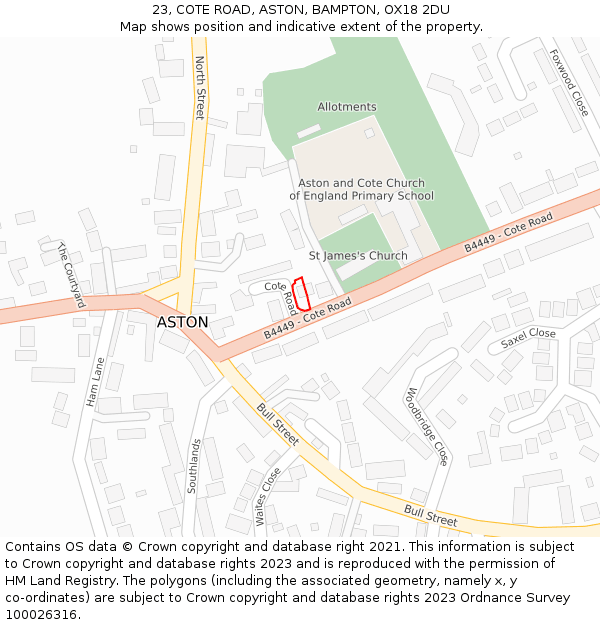 23, COTE ROAD, ASTON, BAMPTON, OX18 2DU: Location map and indicative extent of plot