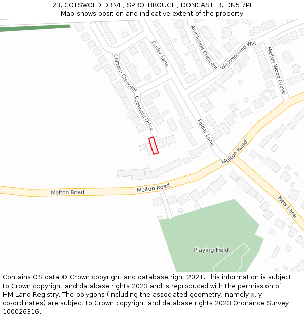 23, COTSWOLD DRIVE, SPROTBROUGH, DONCASTER, DN5 7PF: Location map and indicative extent of plot