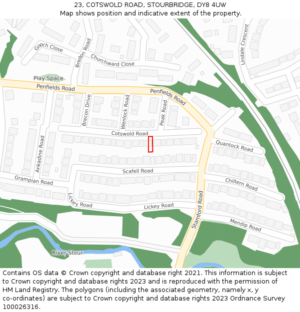 23, COTSWOLD ROAD, STOURBRIDGE, DY8 4UW: Location map and indicative extent of plot