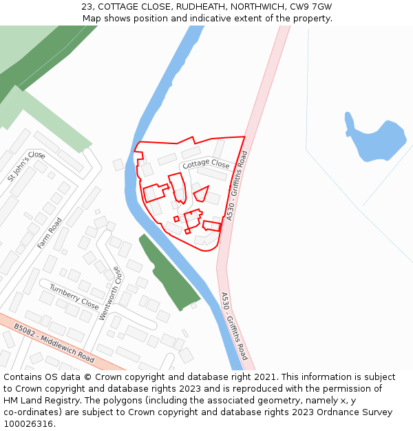 23, COTTAGE CLOSE, RUDHEATH, NORTHWICH, CW9 7GW: Location map and indicative extent of plot