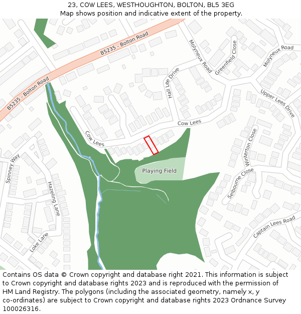 23, COW LEES, WESTHOUGHTON, BOLTON, BL5 3EG: Location map and indicative extent of plot