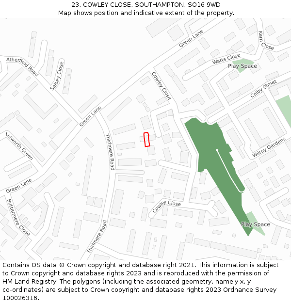 23, COWLEY CLOSE, SOUTHAMPTON, SO16 9WD: Location map and indicative extent of plot