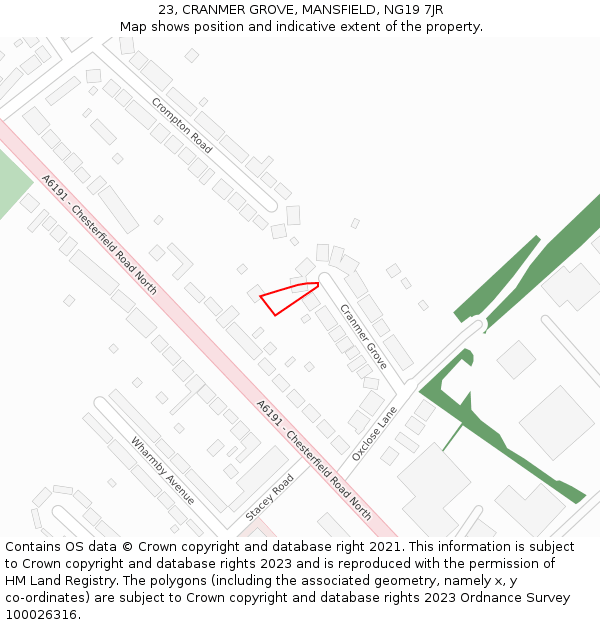 23, CRANMER GROVE, MANSFIELD, NG19 7JR: Location map and indicative extent of plot