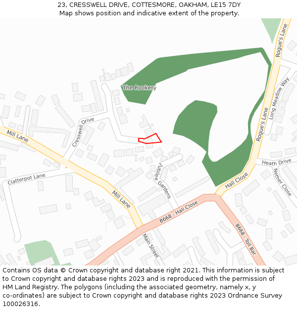 23, CRESSWELL DRIVE, COTTESMORE, OAKHAM, LE15 7DY: Location map and indicative extent of plot