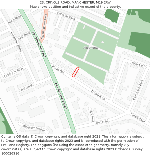 23, CRINGLE ROAD, MANCHESTER, M19 2RW: Location map and indicative extent of plot
