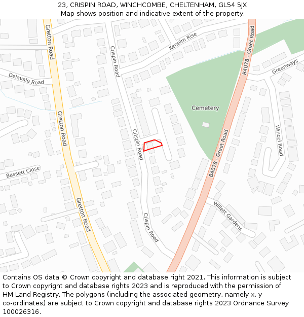 23, CRISPIN ROAD, WINCHCOMBE, CHELTENHAM, GL54 5JX: Location map and indicative extent of plot