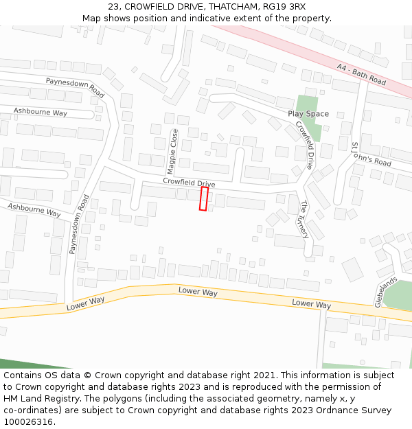 23, CROWFIELD DRIVE, THATCHAM, RG19 3RX: Location map and indicative extent of plot