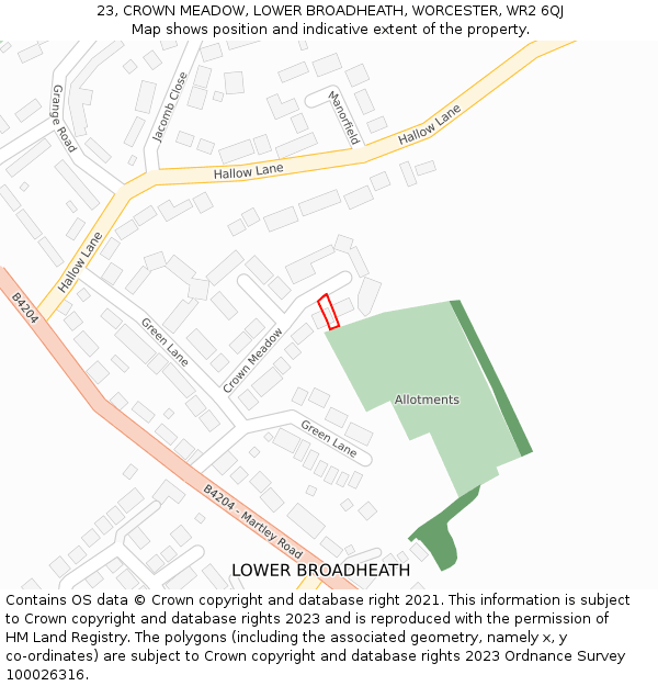 23, CROWN MEADOW, LOWER BROADHEATH, WORCESTER, WR2 6QJ: Location map and indicative extent of plot