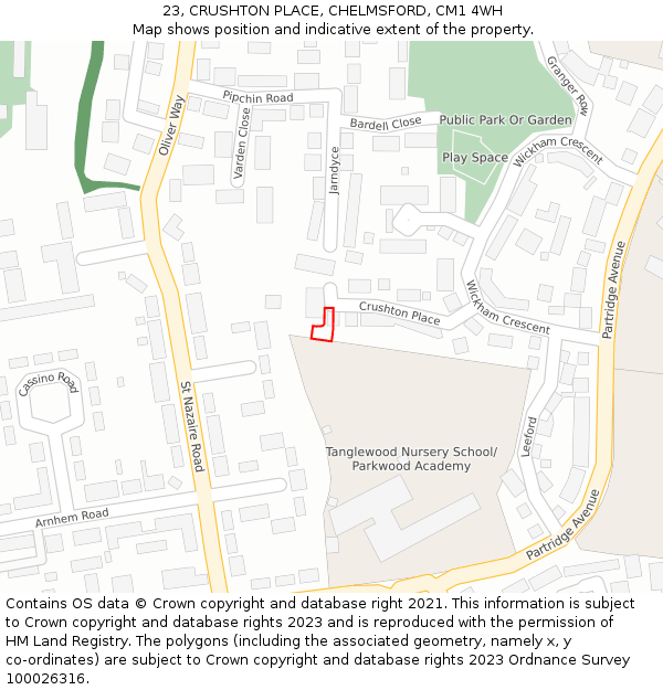 23, CRUSHTON PLACE, CHELMSFORD, CM1 4WH: Location map and indicative extent of plot